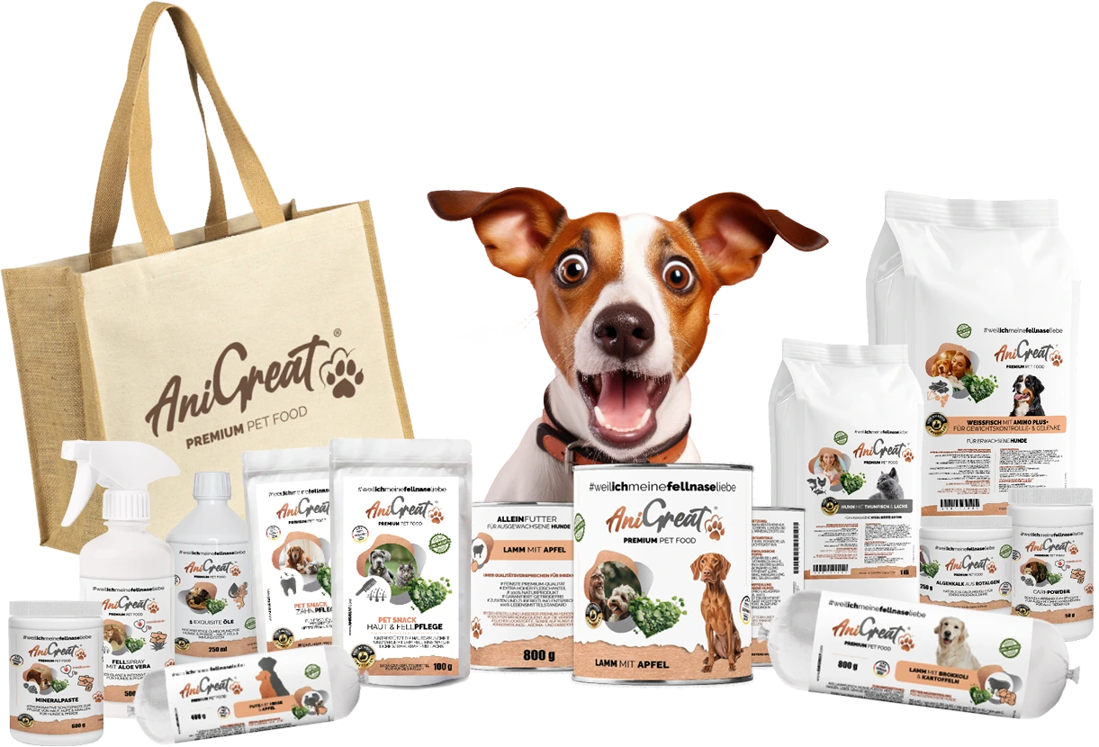 Vue d’ensemble des produits AniGreat : croquettes, pâtées, foin, compléments alimentaires pour chiens, chats, chevaux et alpagas.