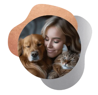 Femme assise avec un chien et un chat endormis à ses côtés, illustrant la tranquillité apportée par une alimentation saine et équilibrée.